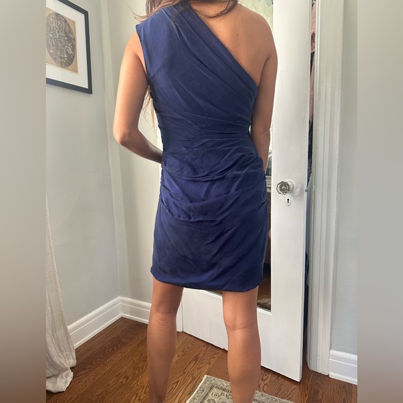 ALLSAINTS Navy Blue Ruched One Shoulder Dress Sz.4 reminiscent of Norma Kamali - Picture 2 of 8